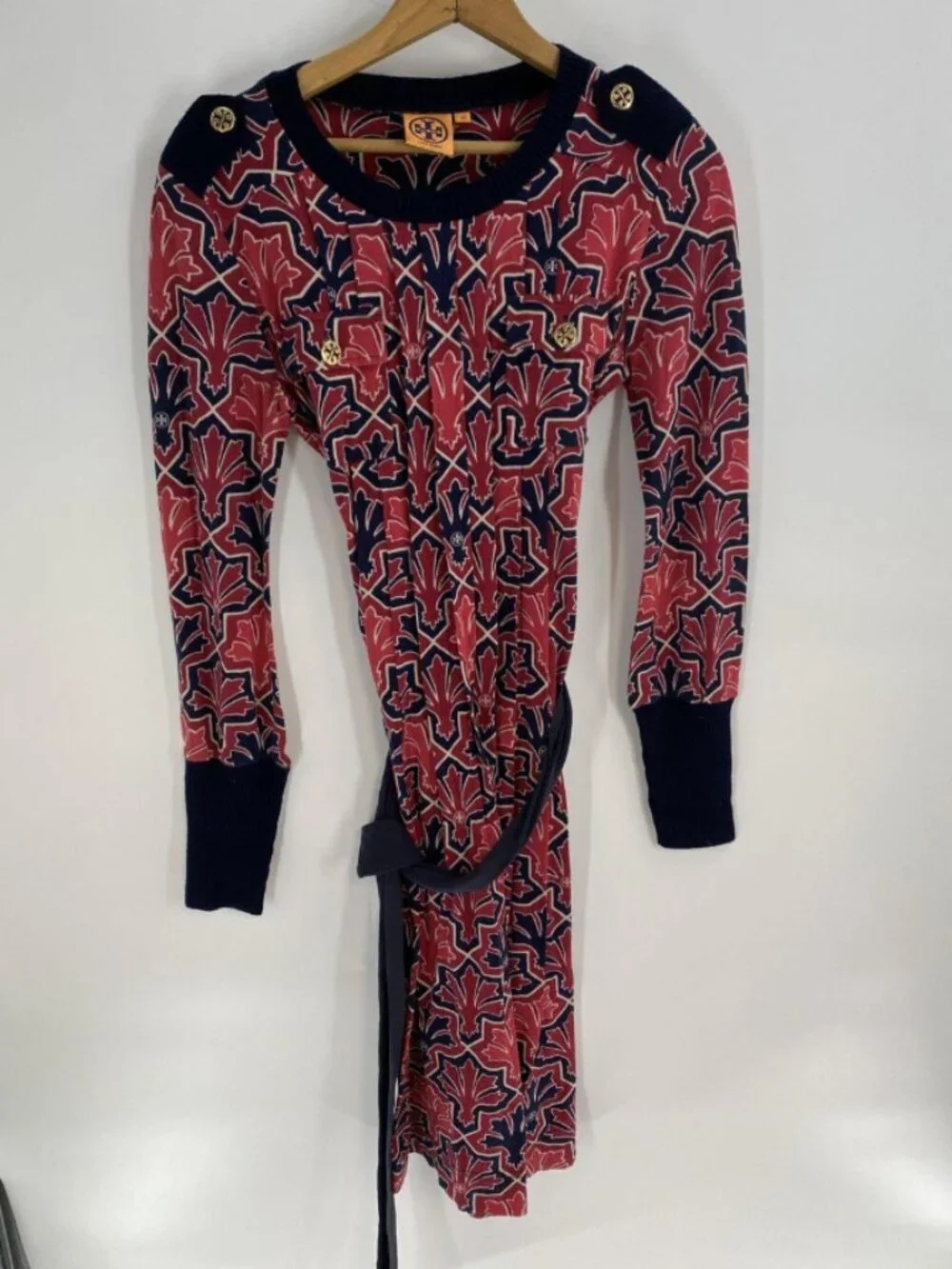 Tory Burch Silk Cotton Knit Belted Dress Red Navy Print - XS